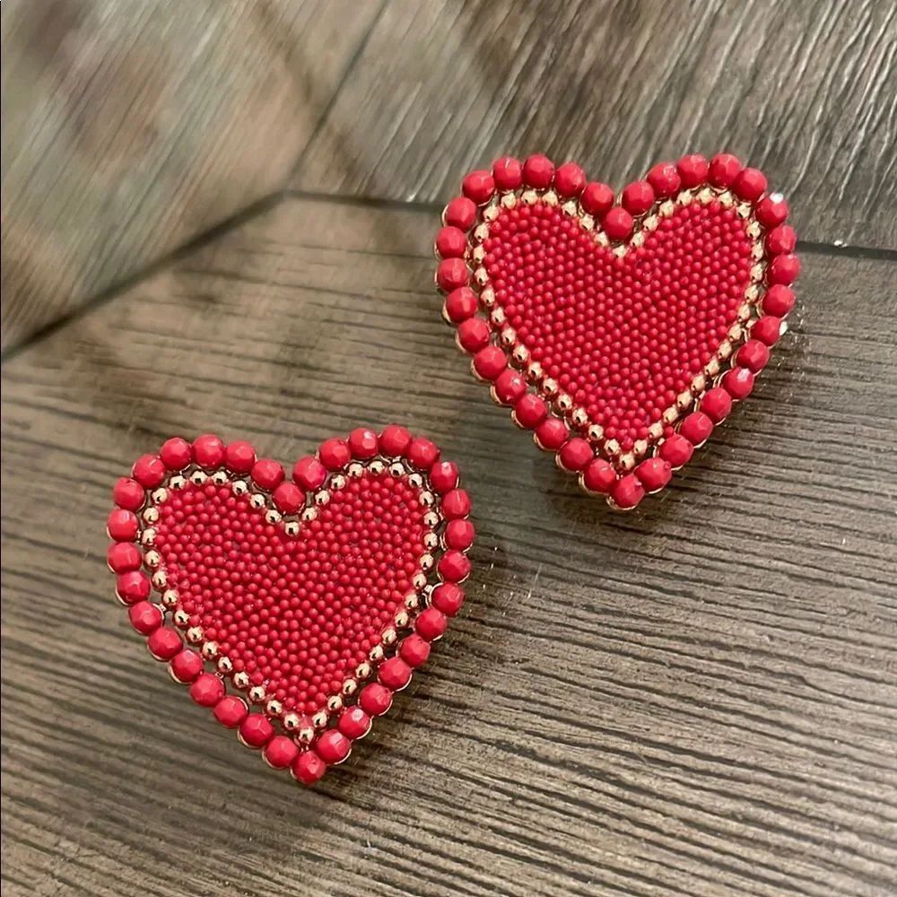 Red Beaded Heart Shaped Earrings & Gold -tone Details